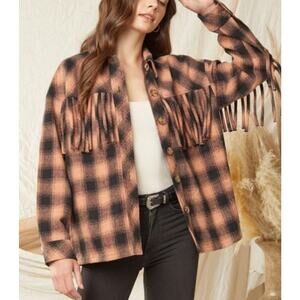 Entro Fringe Plaid Shacket S oversized fit western, edgy boho, whimsical look.